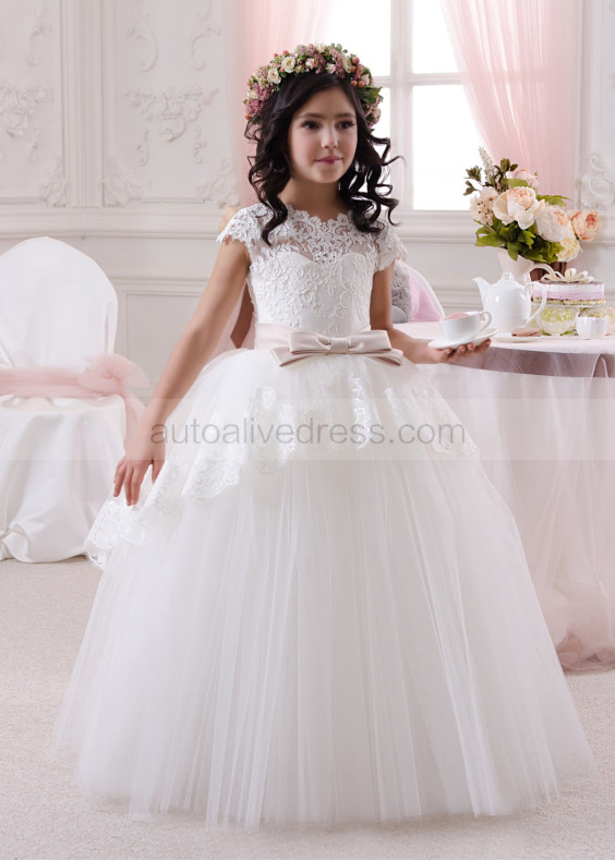 Ivory Lace Tulle Cap Sleeves Long Princess Flower Girl Dress 